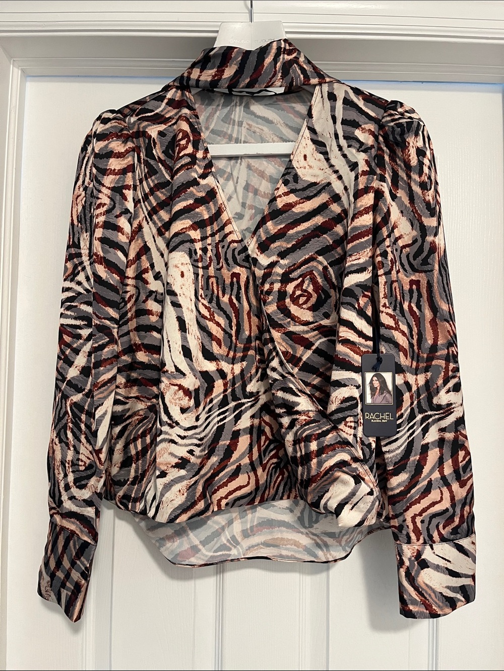 Rachel Roy Black, White & Brown Zebra-Print Wrap Blouse